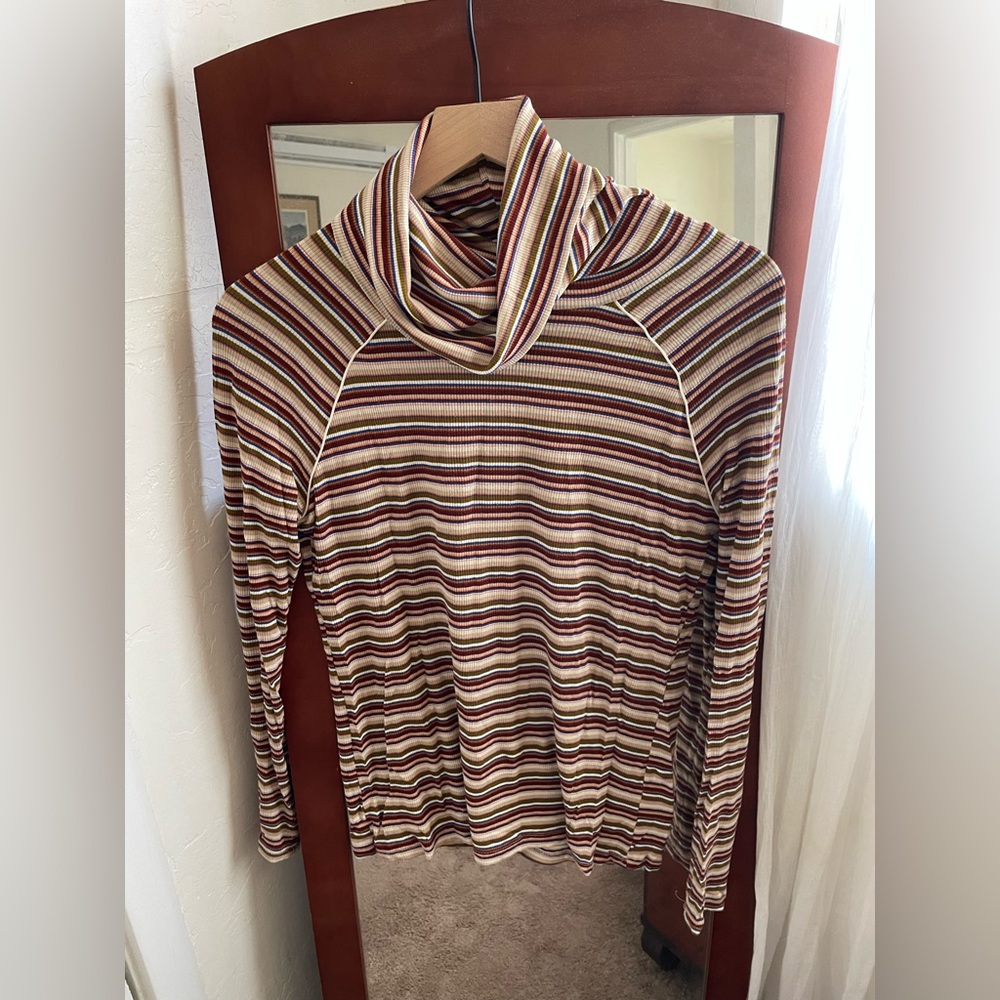 Striped Long Sleeve Tee Cowl Neck Turtleneck
